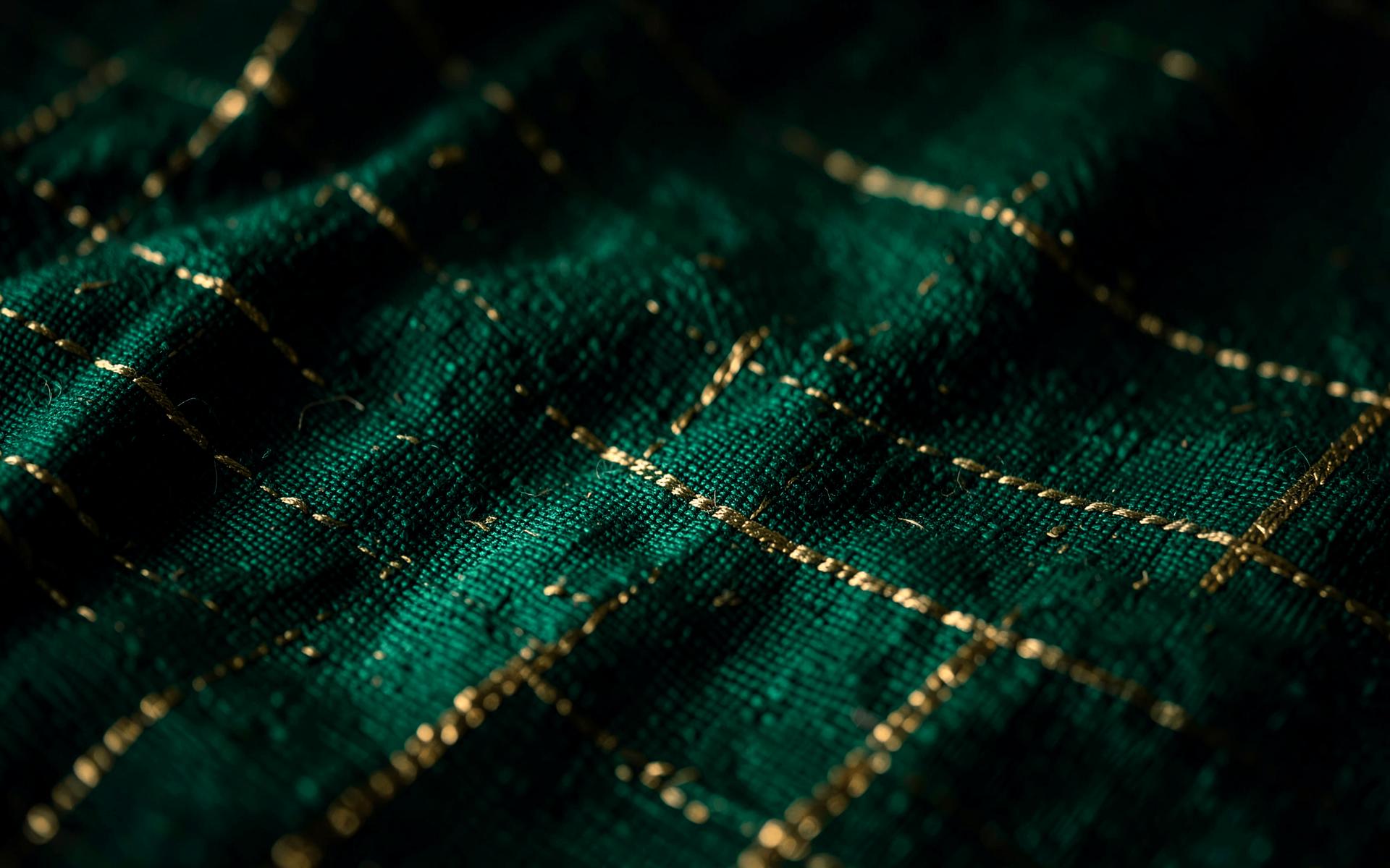 Dark emerald handloom fabric with golden threads